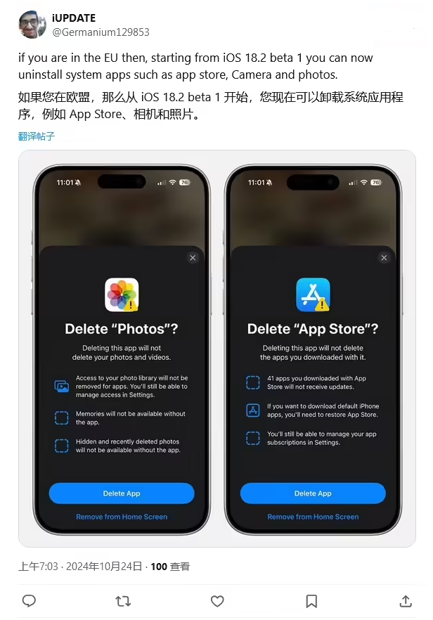 香坊苹果手机维修分享iOS 18.2 支持删除 App Store 应用商店 