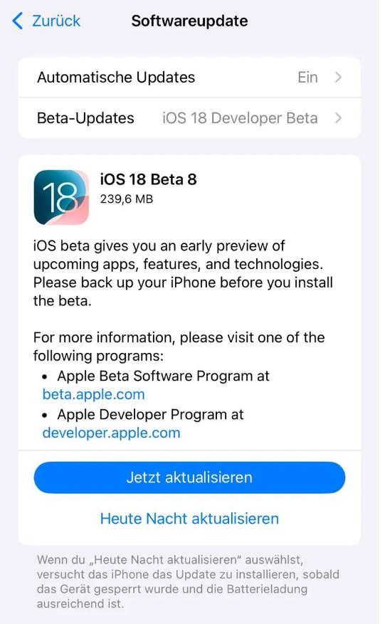 香坊苹果手机维修分享苹果 iOS / iPadOS 18 开发者预览版 Beta 8 发布 